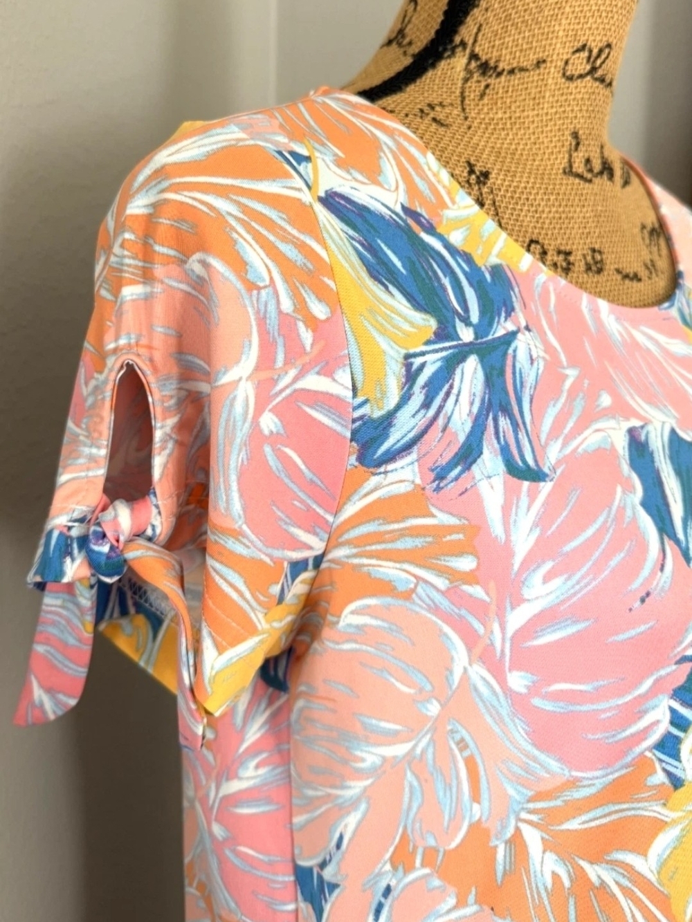 Caribbean Joe Pink & Blue Tropical Print Tie-Sleeve Dress / Cover Up